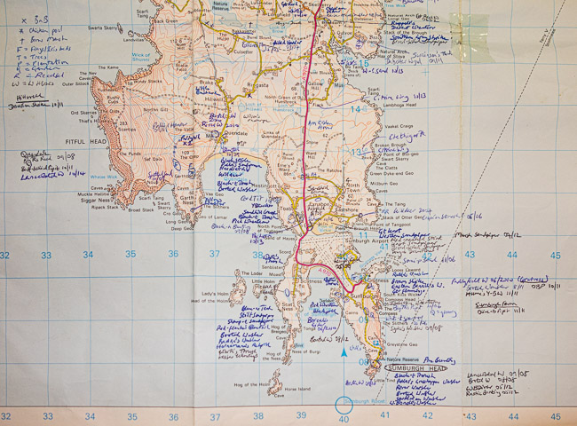 Dave Hatton's map of south Mainland Shetland annotated with rarity locations