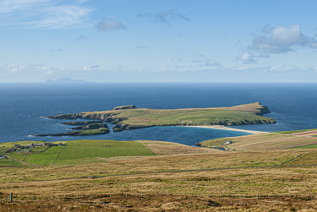 St Ninian's Isle with Foula in background, Mainland Shetland
