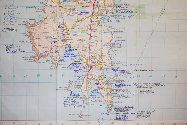 Map of south Mainland Shetland annotated with rarity locations