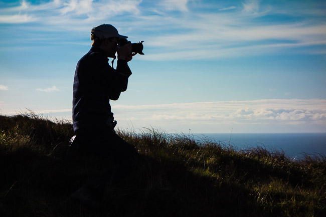 Dave Hatton photographing St Ninian's Isle, Mainland Shetland